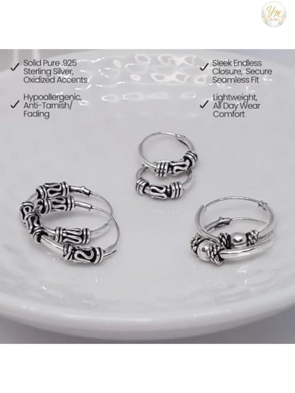 925 Sterling Silver Bali Bead Endless Hoop Earrings Set of 3 Pairs